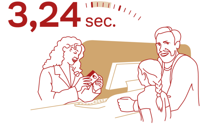 Un uomo e una donna interagiscono con un bambino presso un banco di servizio. Sopra di loro è riportato "3,24 sec." in caratteri grandi, indicando in modo visivo un tempo di attesa o un servizio rapido.