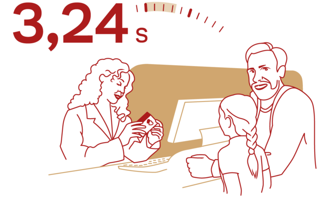 Une illustration montre une femme en costume parlant avec un homme et un enfant à un comptoir. Un chronomètre indique 3,24 secondes.