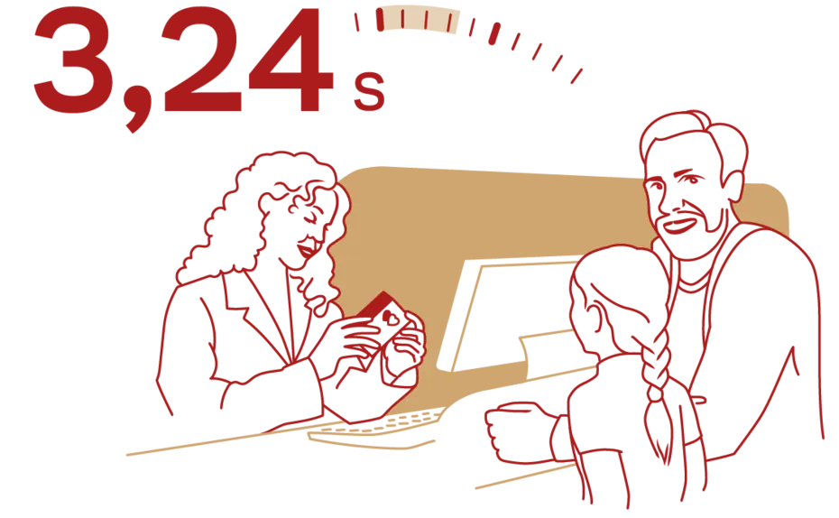 Une illustration montre une femme en costume parlant avec un homme et un enfant à un comptoir. Un chronomètre indique 3,24 secondes.